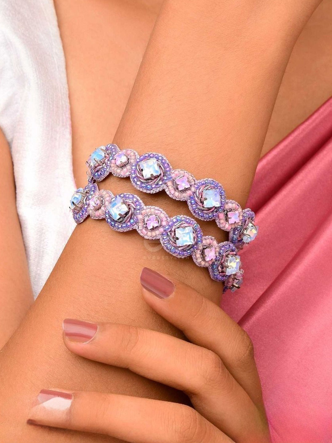 

EVERSTYLISH Sanjoya Stones & Beads & Embroidered Bangles (Set of 2), Purple