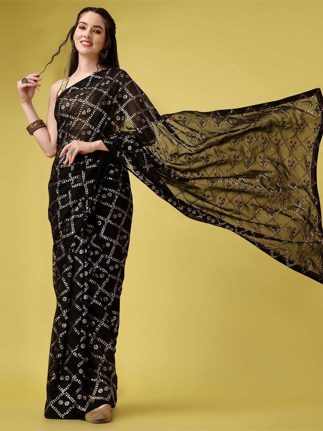 

Moda Rapido Ethnic Motifs Sequinned Pure Georgette Saree, Black