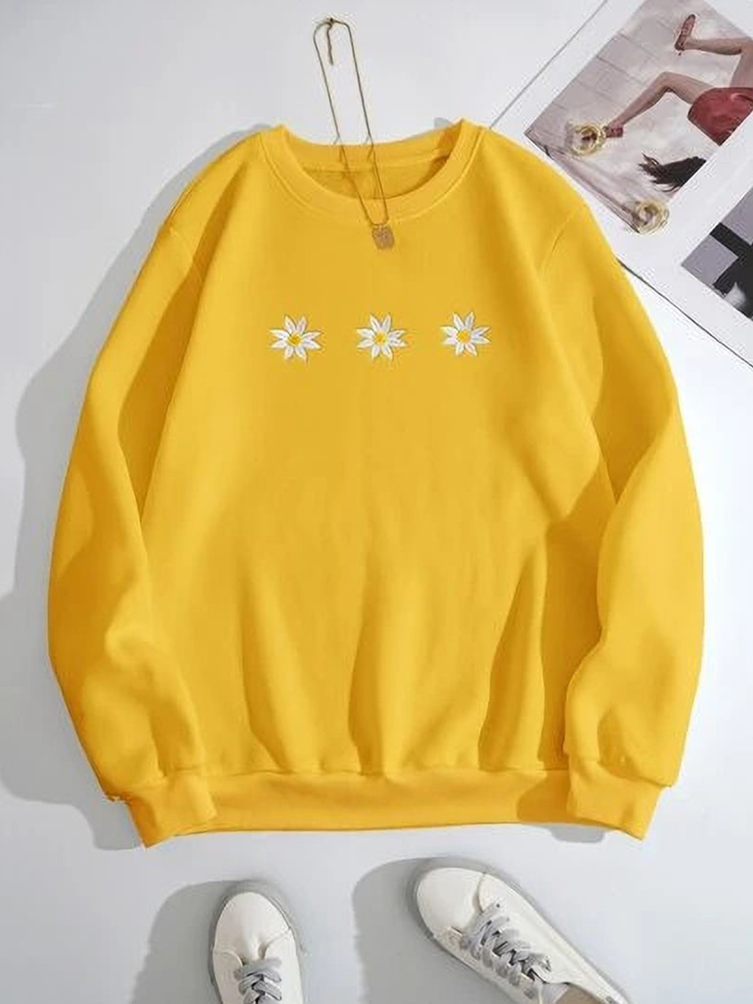 

KASHIAN Women Printed Hooded Sweatshirt, Mustard