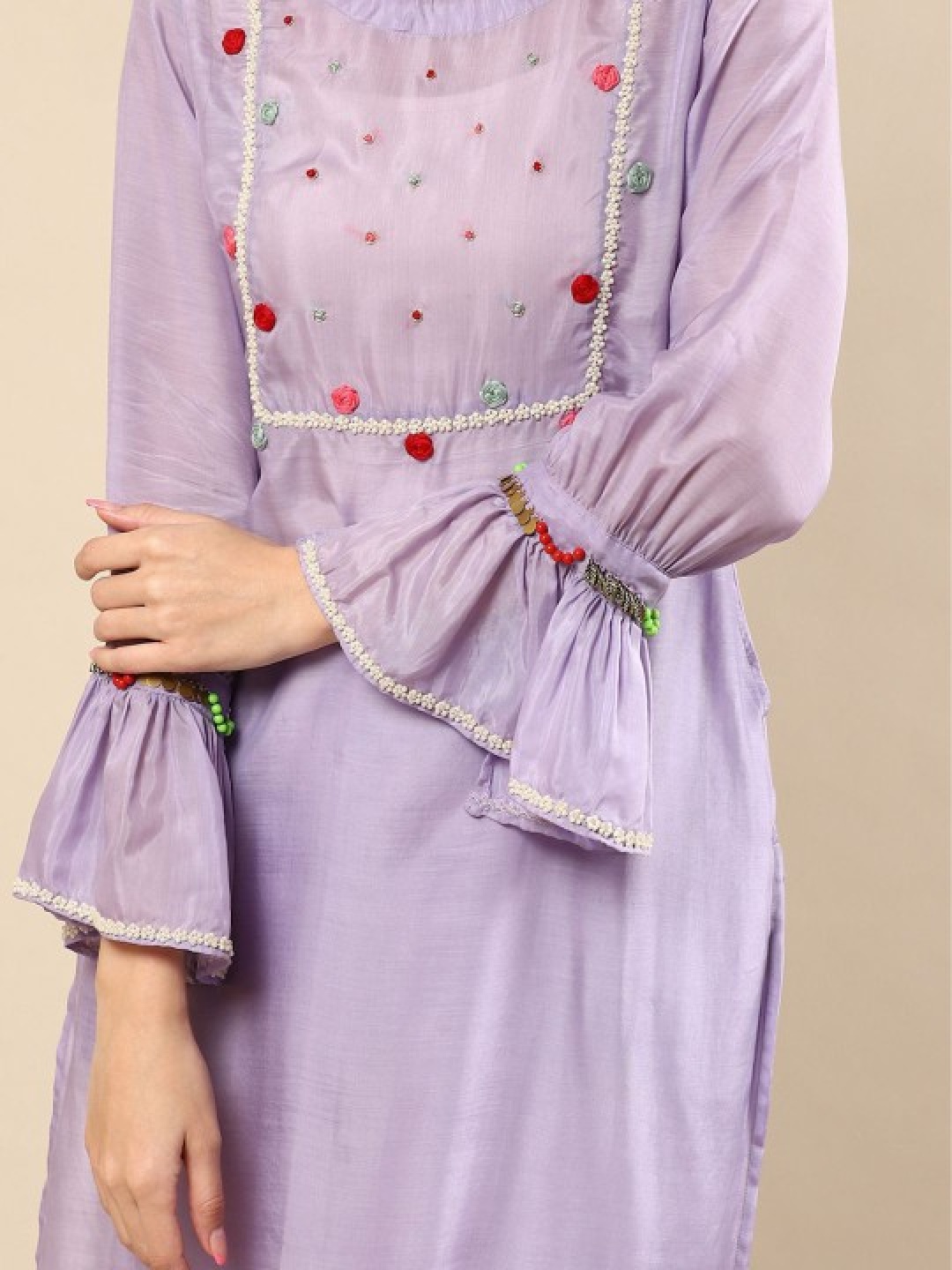 

Moda Rapido Purple Floral Yoke Design Bell Sleeves Embroidered Straight Kurta With Trouser