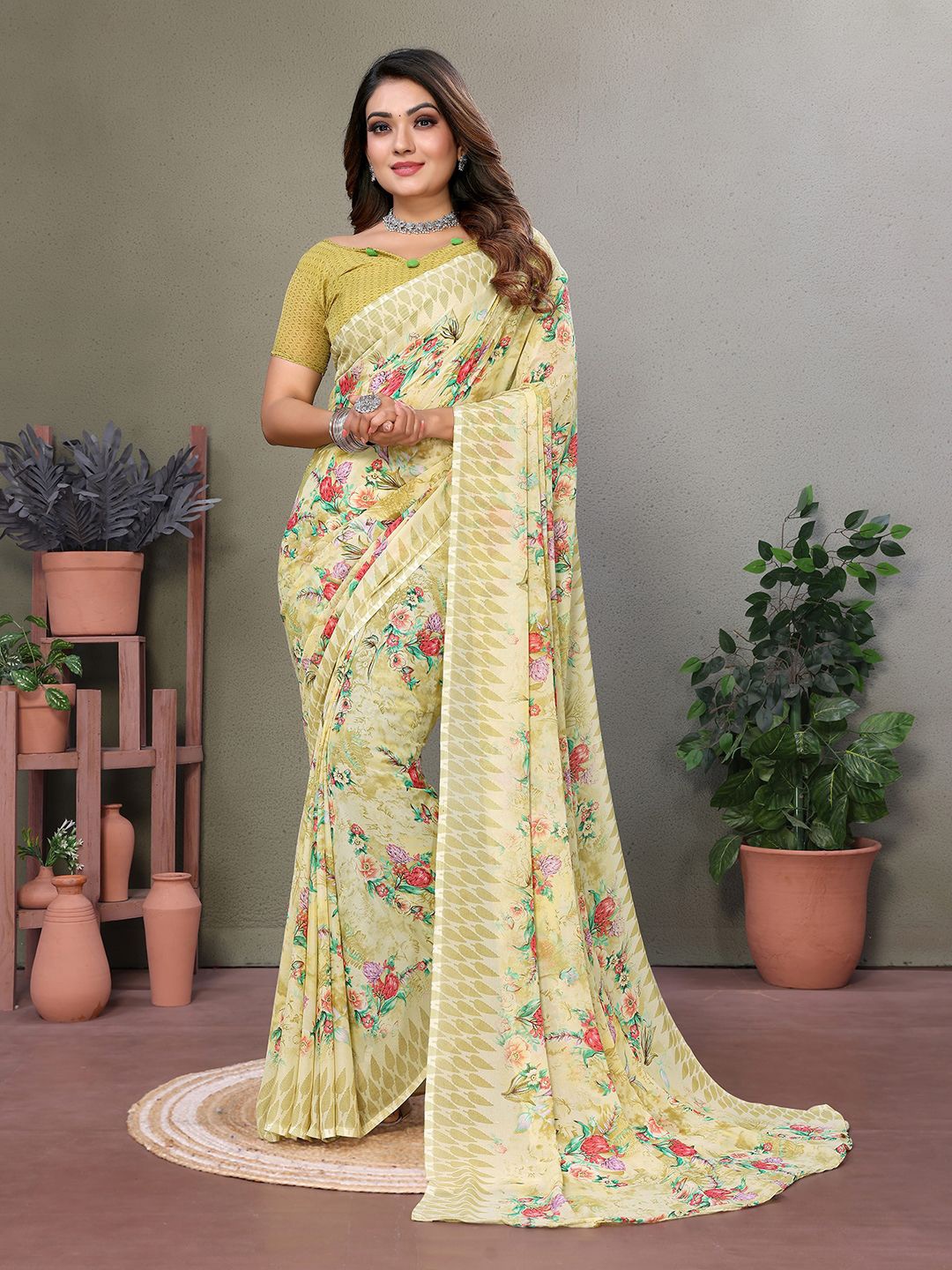 

Moda Rapido Women Floral Printed Saree With Blouse Piece, Yellow