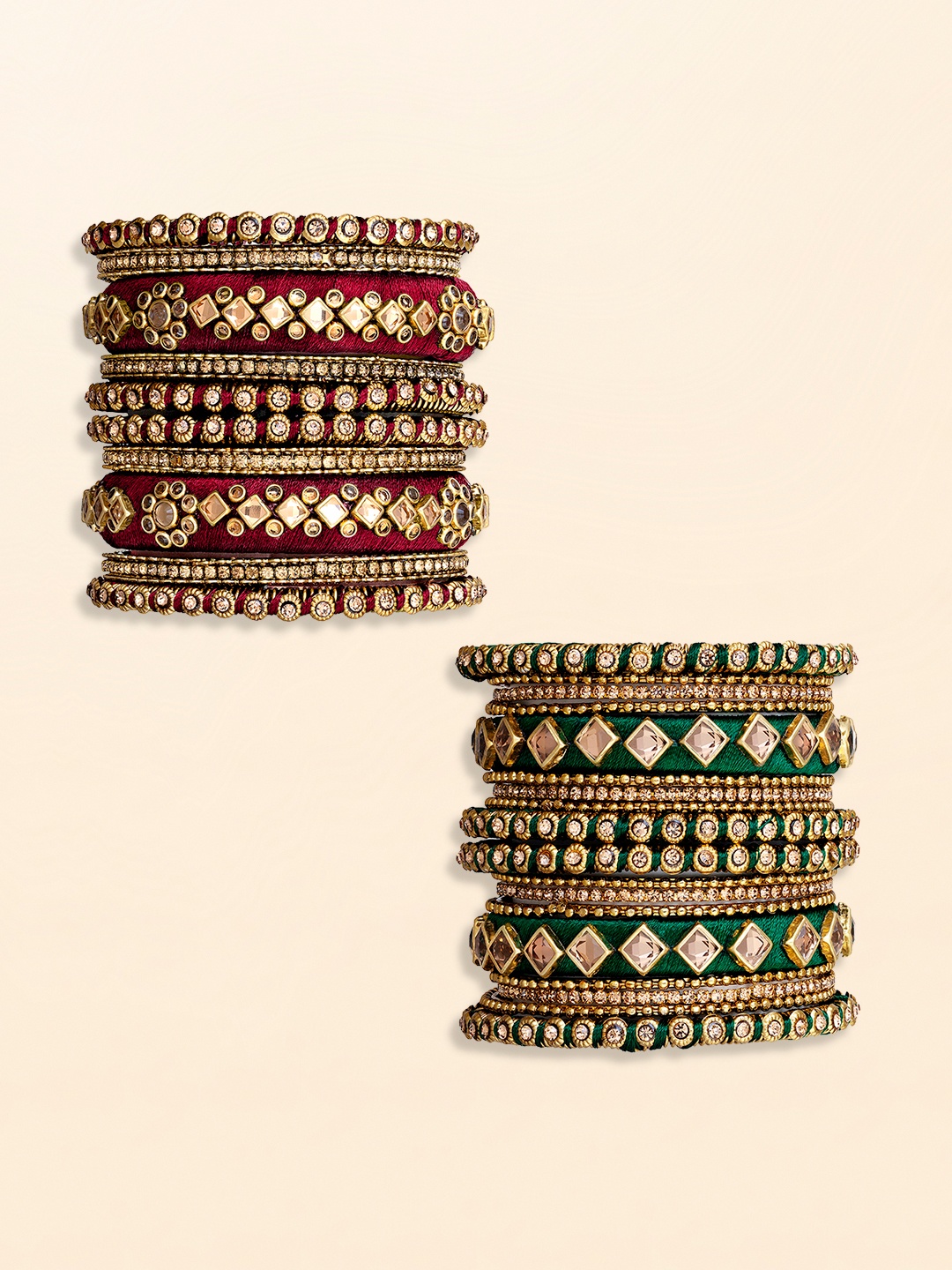 

Peora Set Of 20 Gold Plated Stone Studded & Silk Threaded Bangles