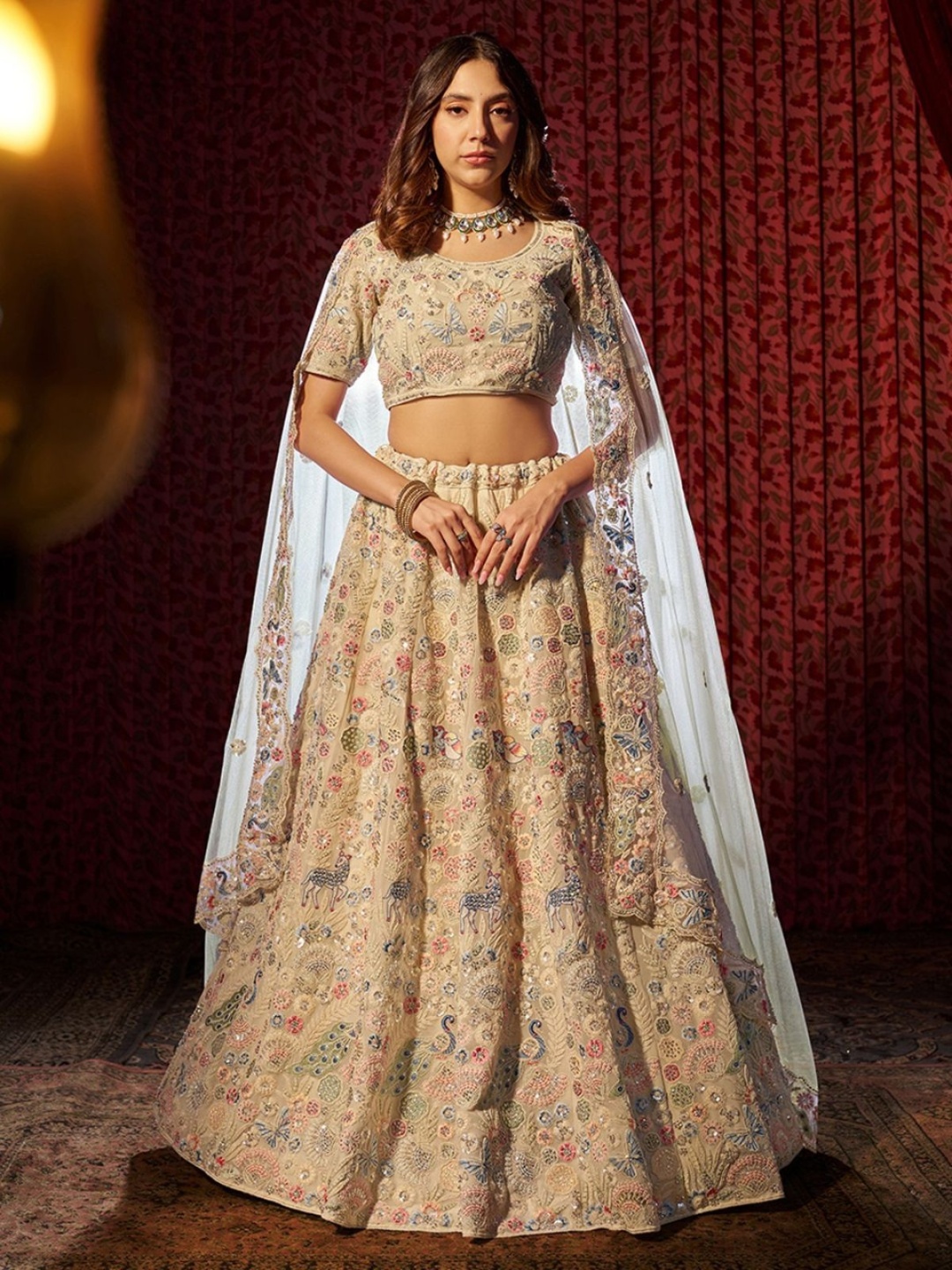 

ODETTE Embroidered Beads and Stones Semi-Stitched Lehenga & Unstitched Blouse With Dupatta, Cream