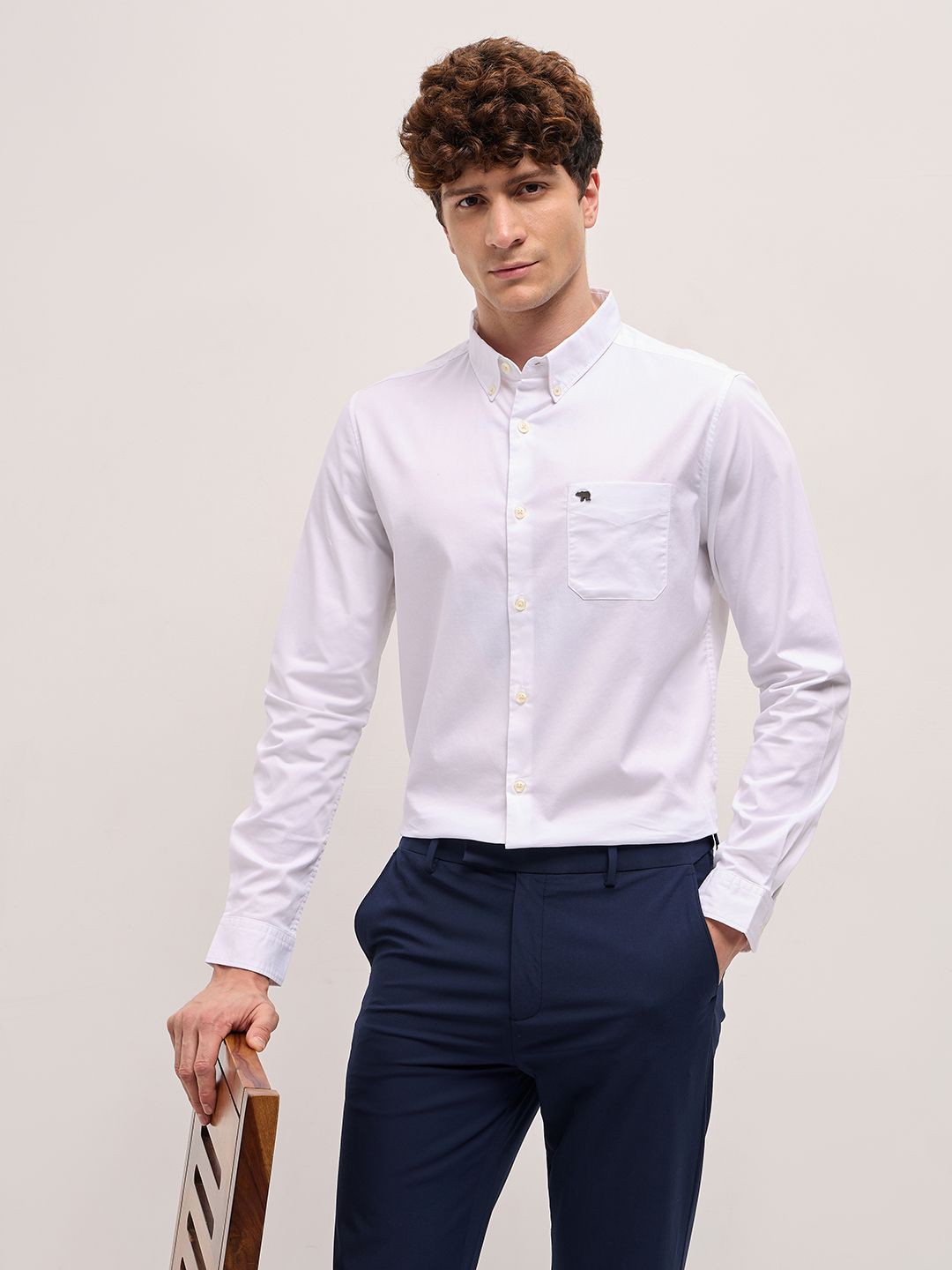 

THE BEAR HOUSE Men Button-Down Collar Solid Cotton Casual Shirt, White