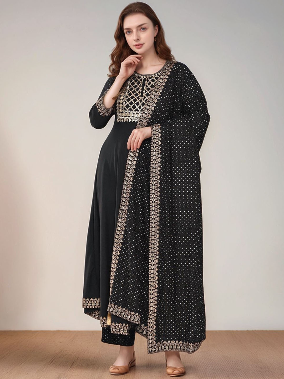 

BAESD Floral Zari Embroidered A-line Kurta With Trousers And Dupatta, Black