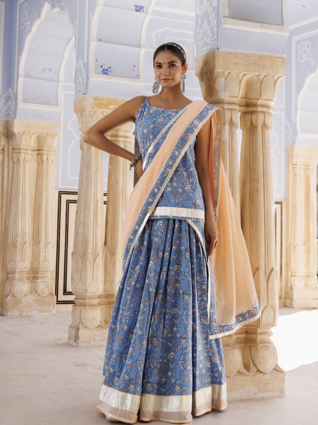 

Geroo Luxe Printed Block Print Ready to Wear Lehenga & Blouse With Dupatta, Blue