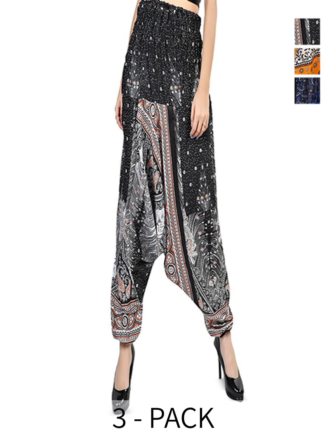 

NarNari Women Pack Of 3 Printed Mid-Rise Harem Pants, Blue
