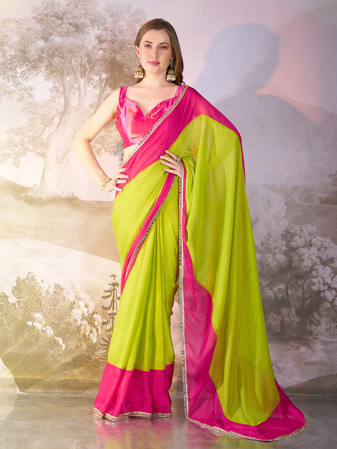 

Mitera Colourblocked Embellished Mirror Work Pure Georgette Saree, Fluorescent green