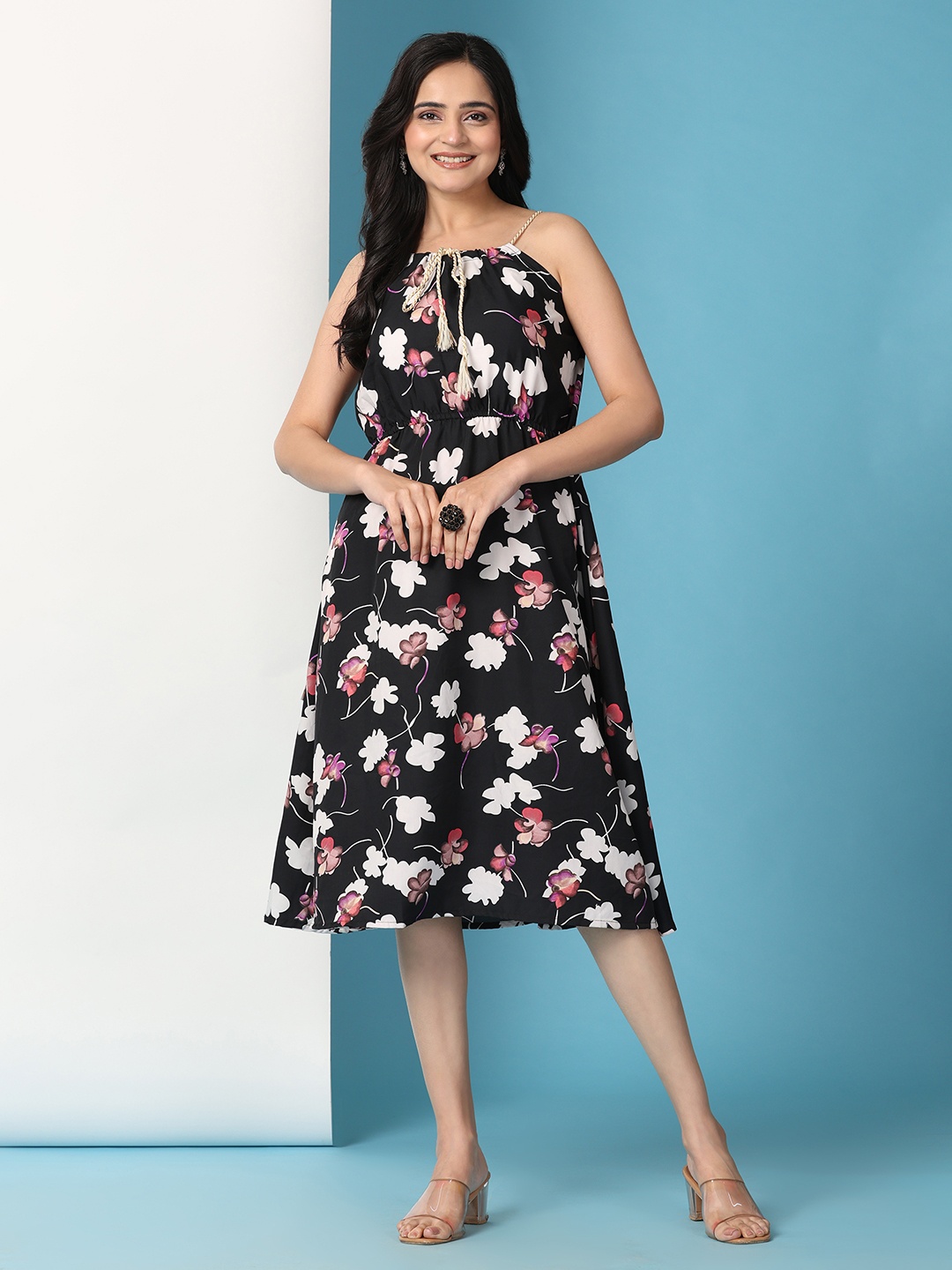 

BAESD Floral Print Crepe A-Line Dress, Black