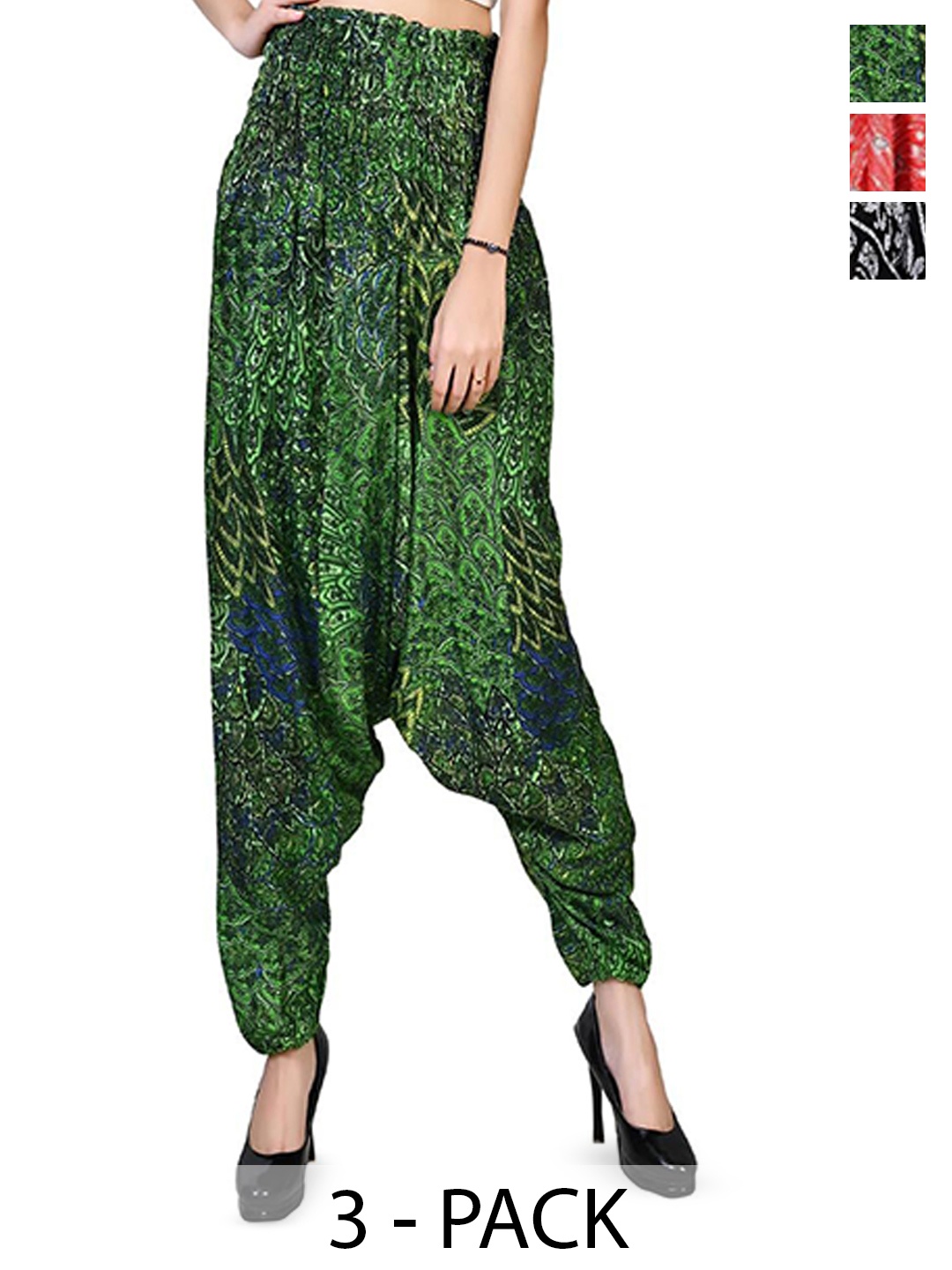 

NarNari Women Pack Of 3 Printed Mid-Rise Harem Pants, Green