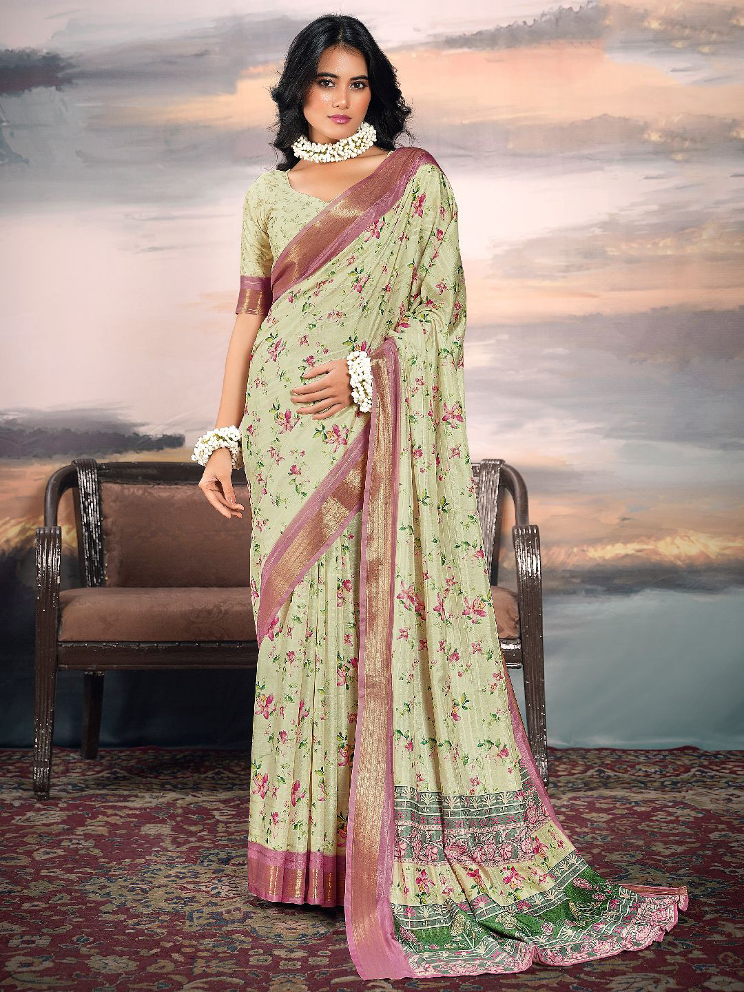 

Mitera Floral Printed Zari Saree, Green