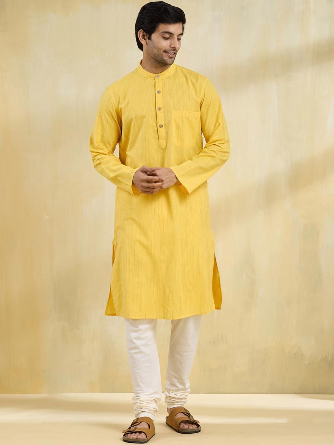 

Fabindia Men Striped Band Collar Cotton Straight Kurta, Yellow