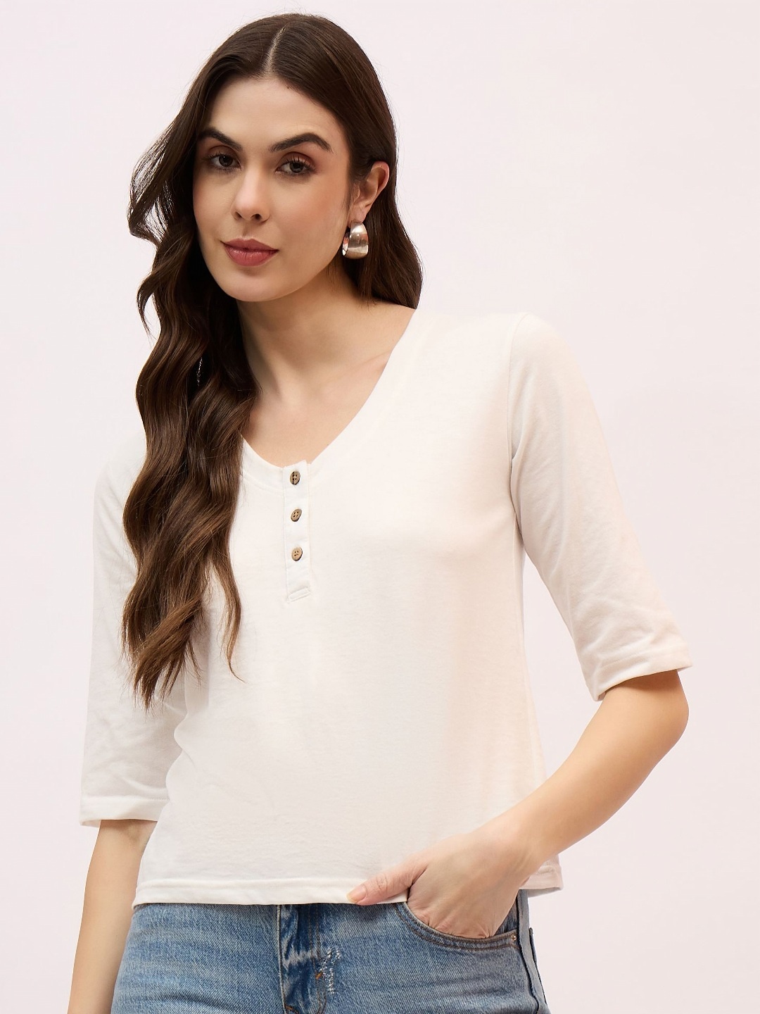 

DressBerry Women V-Neck Pockets T-shirt, White