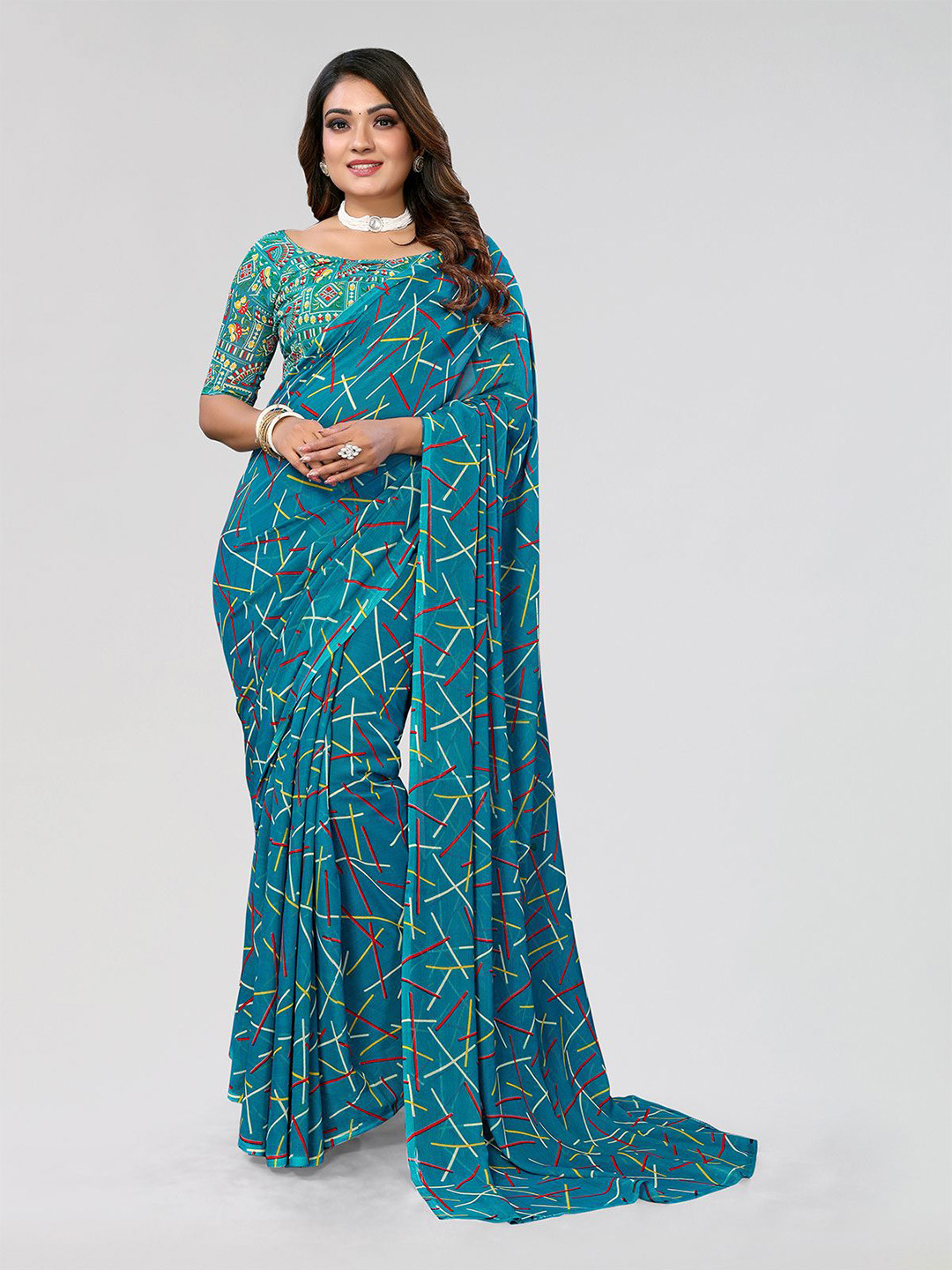 

Moda Rapido Striped Poly Georgette Saree, Blue