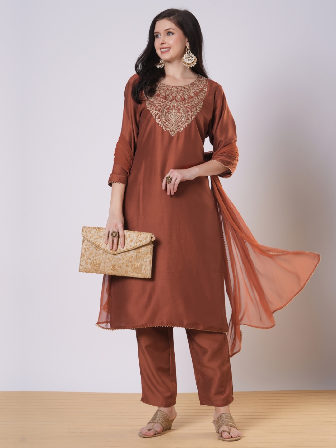 

GoSriKi Floral Embroidered Zari Work Straight Kurta With Trousers And Dupatta, Rust