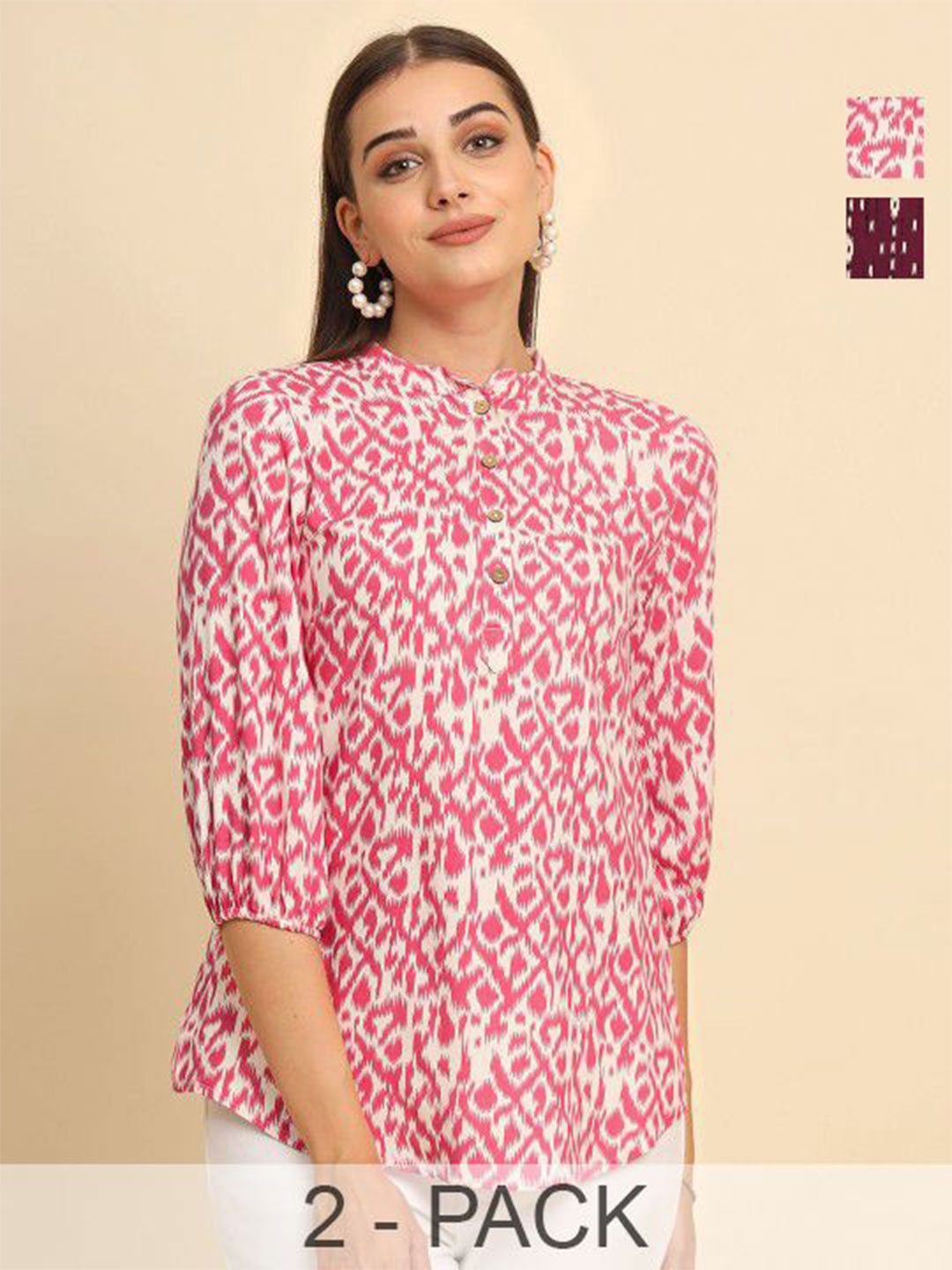 

Anouk Rustic Women Pack Of 2 Mandarin Collar Printed Tunics, Pink