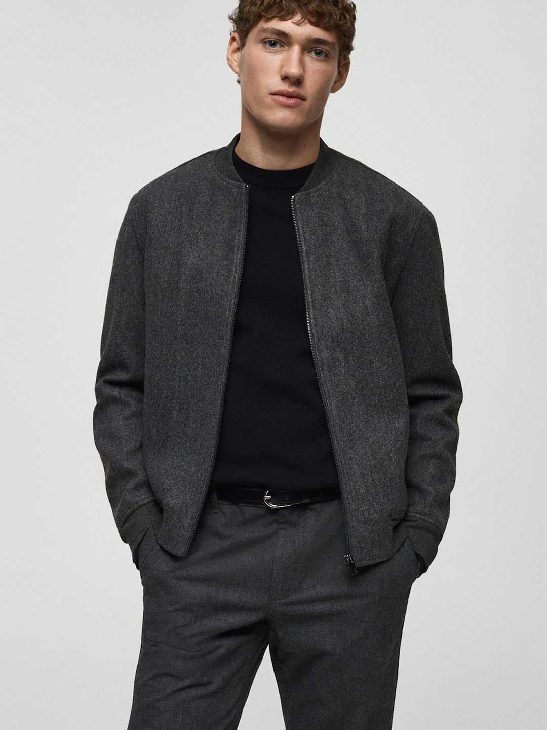 

MANGO MAN Flannel Bomber Jacket, Charcoal