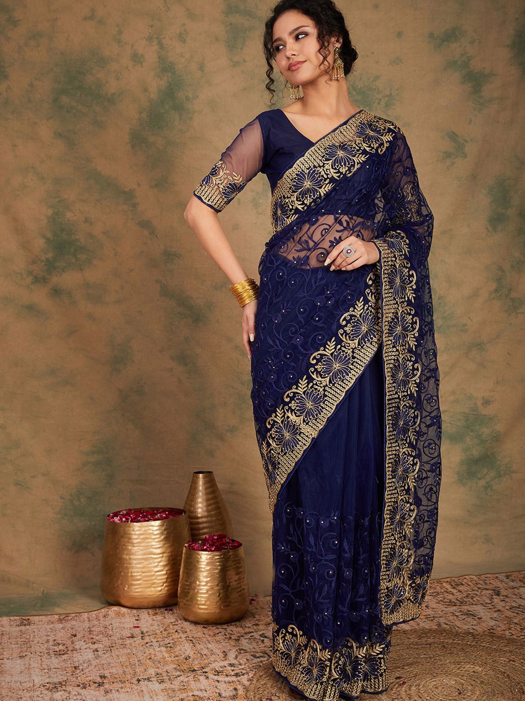

DEVATITHI Ethnic Motifs Beads and Stones Net Saree, Navy blue