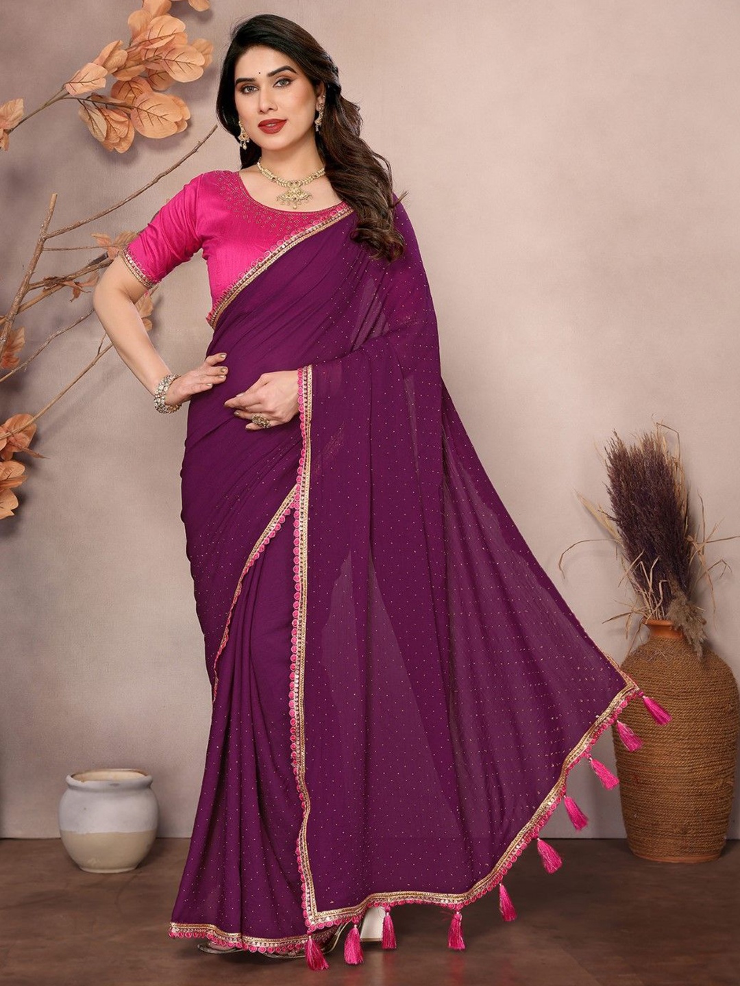 

KALINI Embellished Embroidered Poly Georgette Saree, Purple