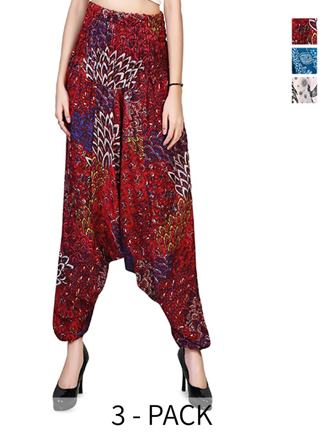 

NarNari Women Pack Of 3 Printed Mid-Rise Harem Pants, Red