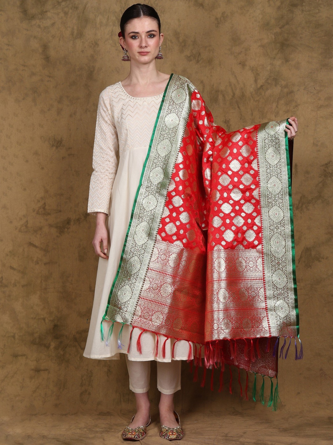 

Exotic India Art Silk Popppy Red Banarasi Dupatta with Zari Woven Floral Motifs
