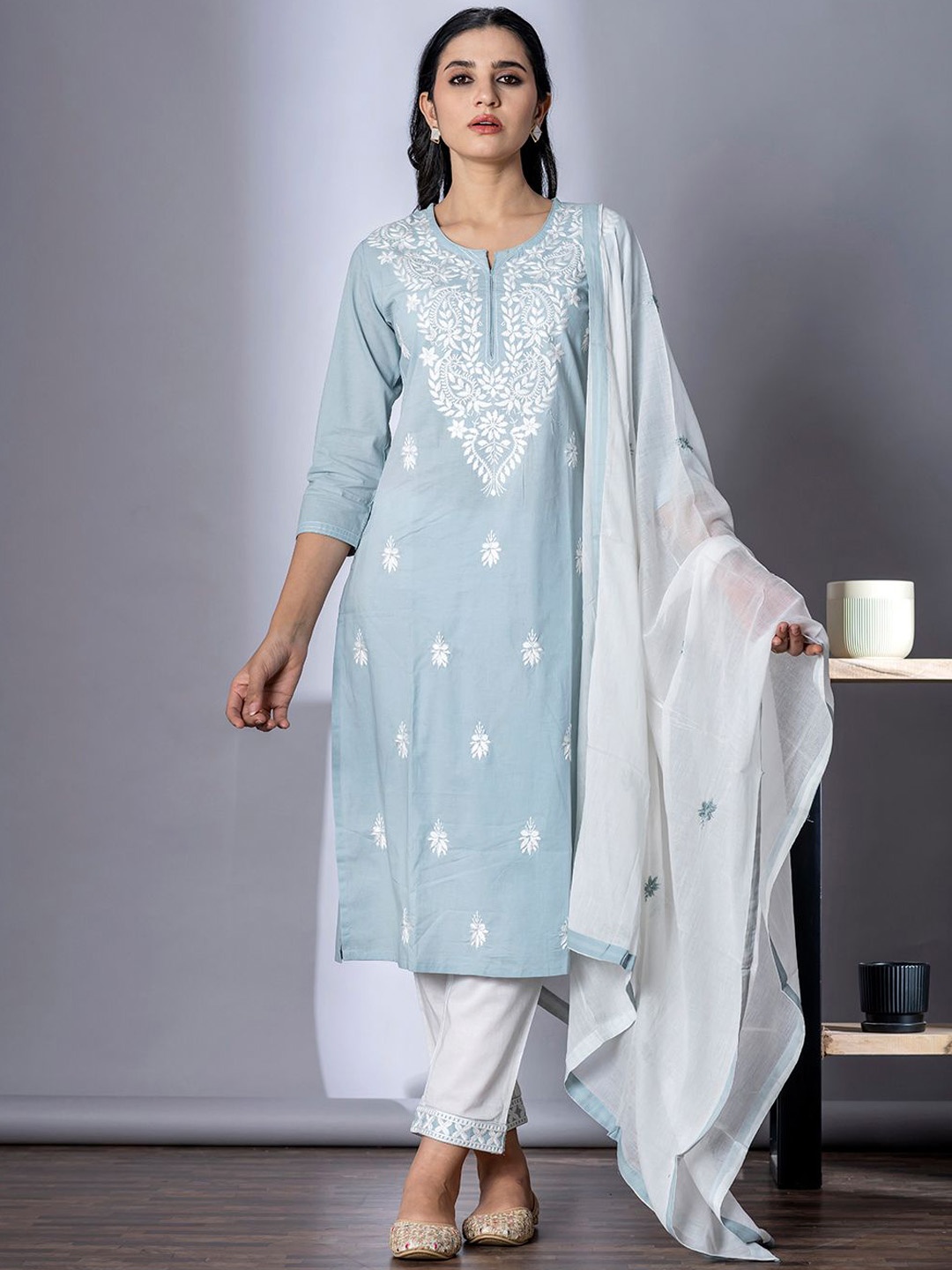 

Readiprint Floral Embroidered Notch Neck Pure Cotton Kurta With Trouser And Dupatta, Blue