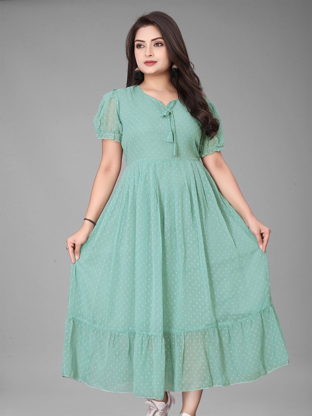 

KRISHTI CREATION Women Self Design Puff Sleeve Fit & Flare Dress, Sea green