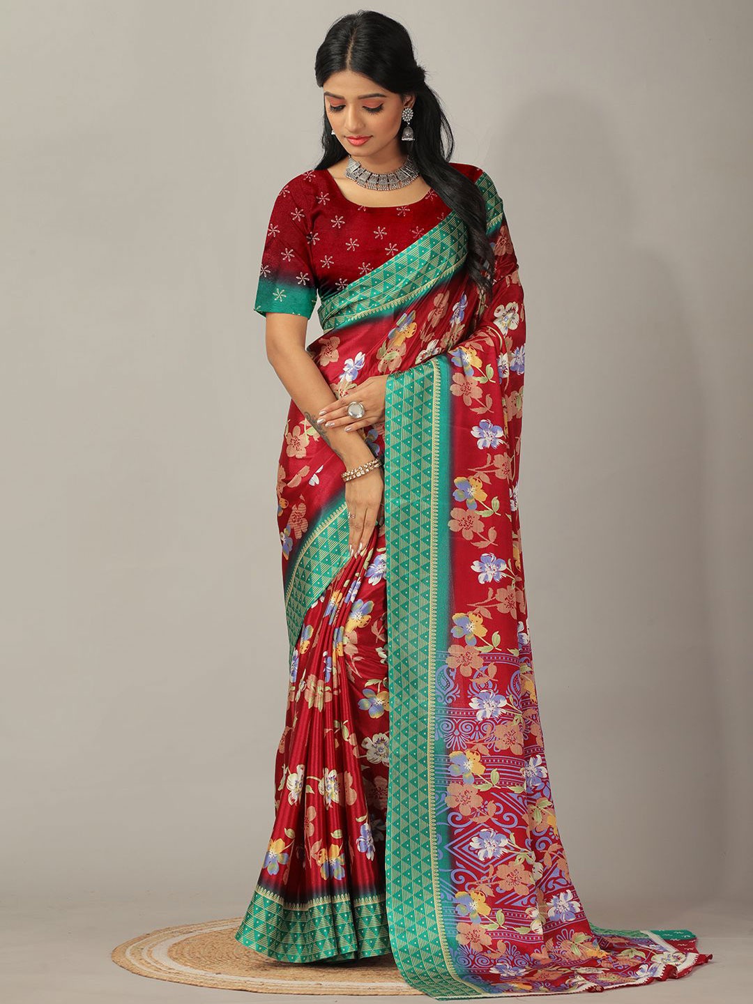 

NIRMAL CREATION Floral Printed Pure Crepe Saree, Maroon