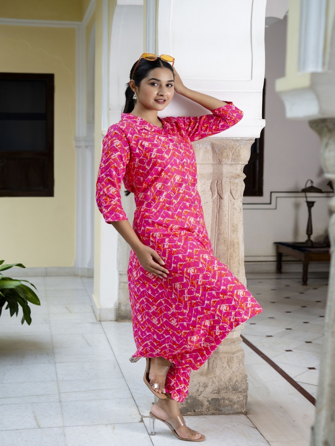 

Jollity Geometric Printed Shirt Collar A-Line Kurta With Palazzos, Pink