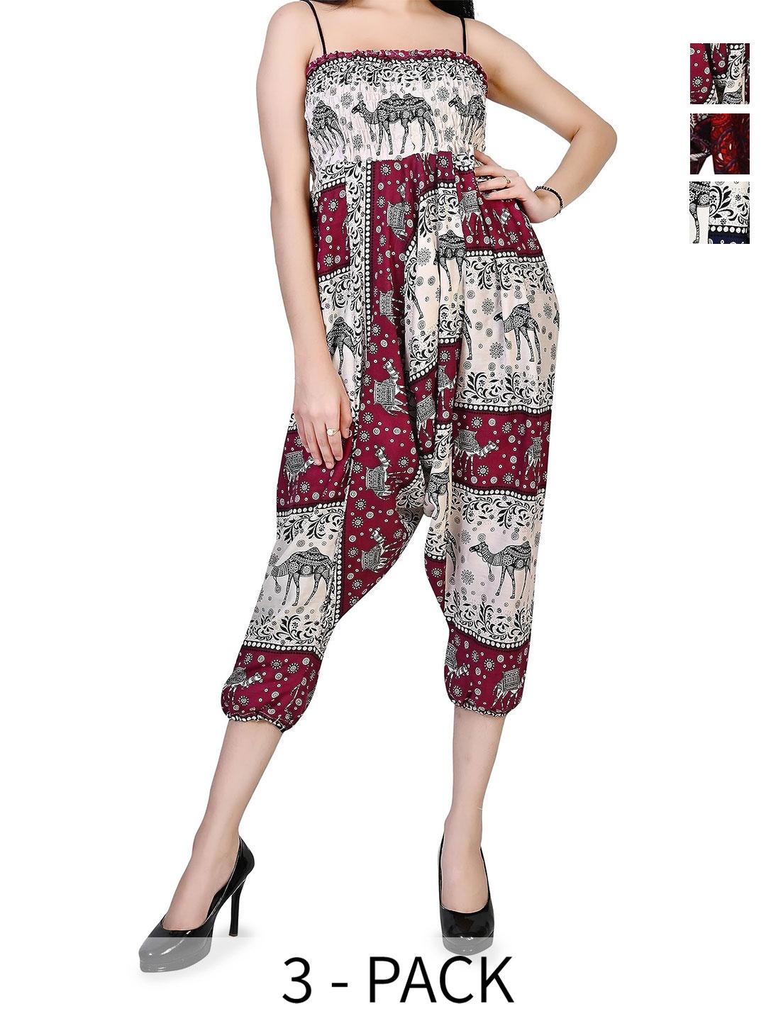 

NarNari Women Pack Of 3 Printed Mid-Rise Harem Pants, Red