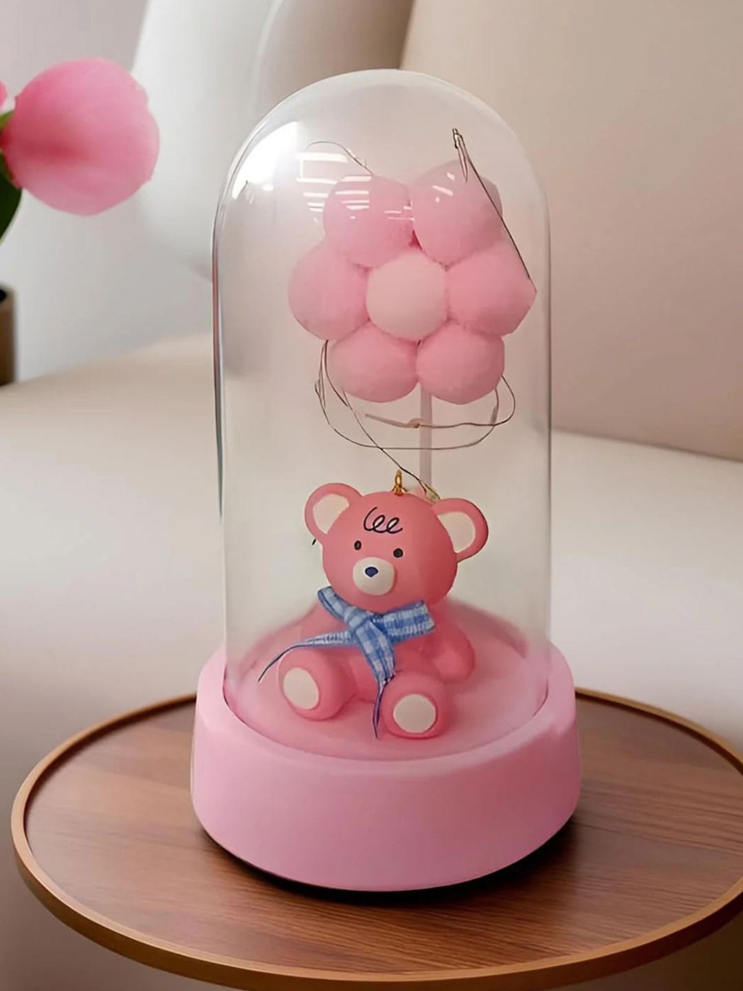 

DecorTwist Pink & White Glass Teddy Bear Dome LED Light Showpieces