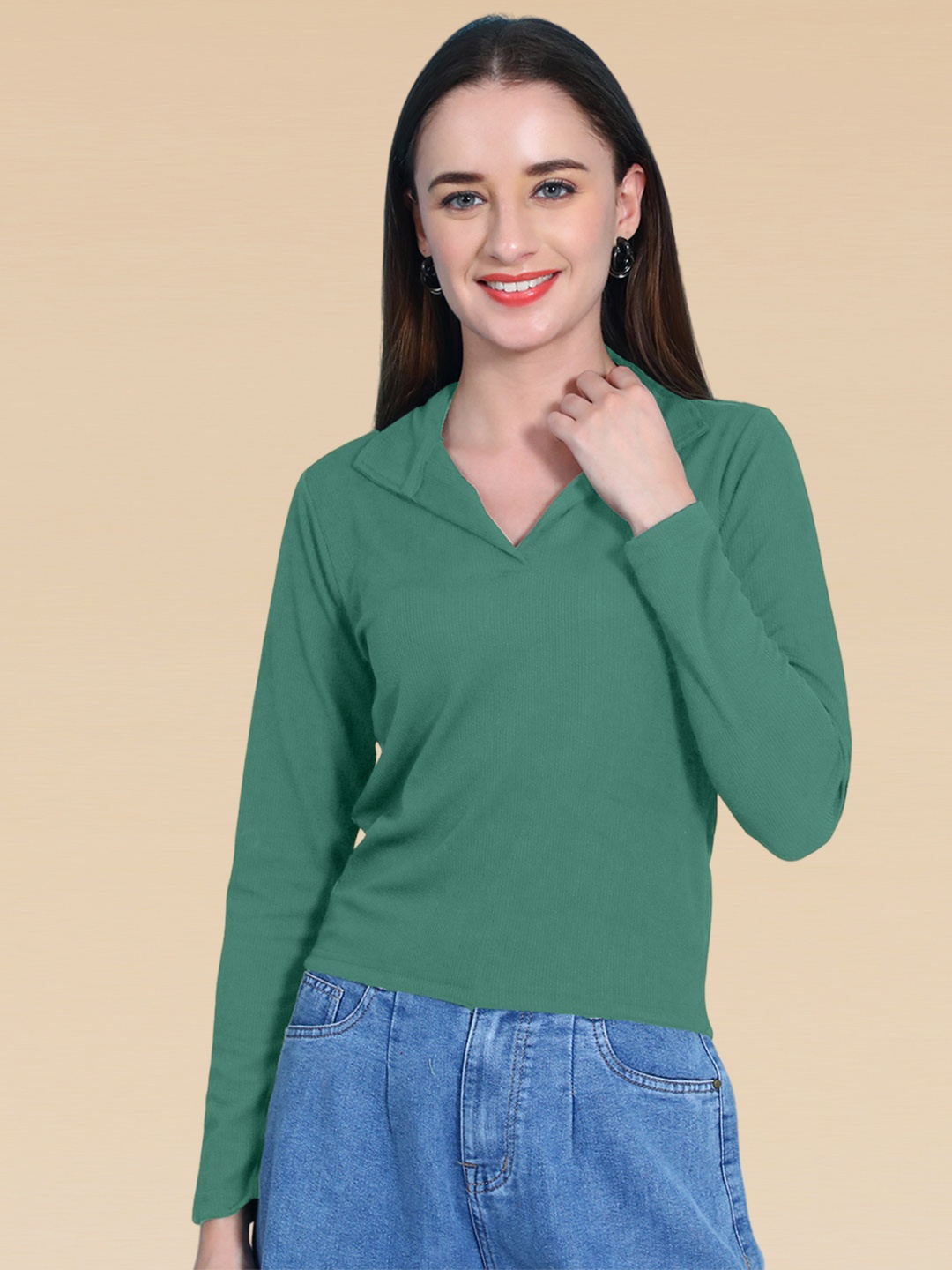 

SZN Shirt Style Crop Top, Green