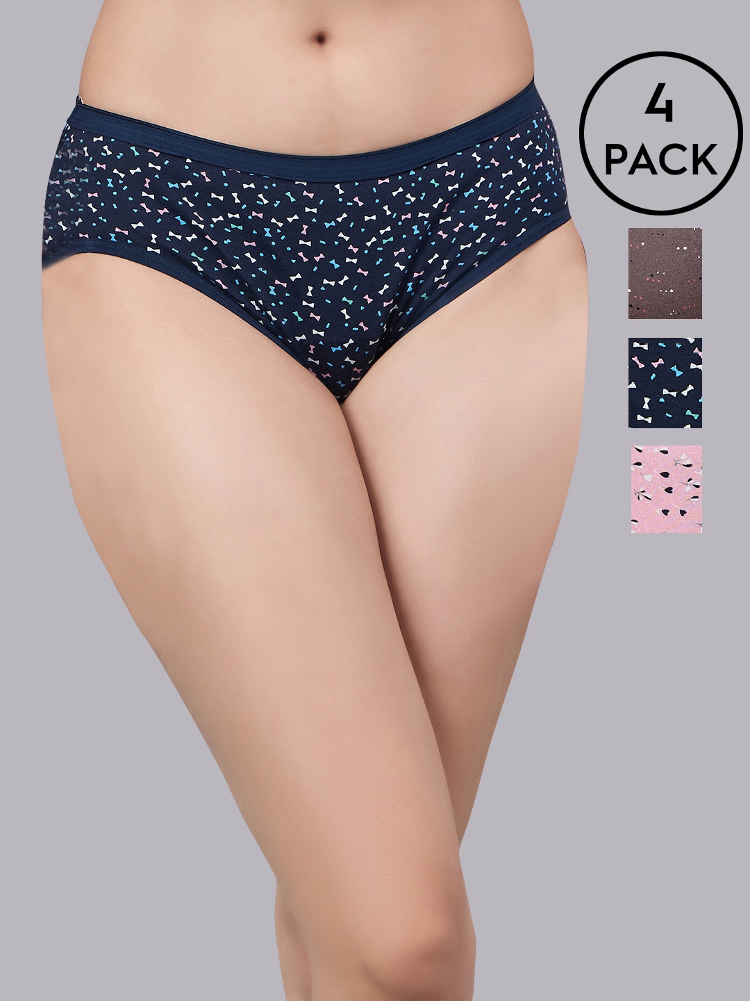 

SIMOH Pack Of 4 Printed Mid-Rise Hipster Briefs - H5104_Grey_Pink_Navy_Navy