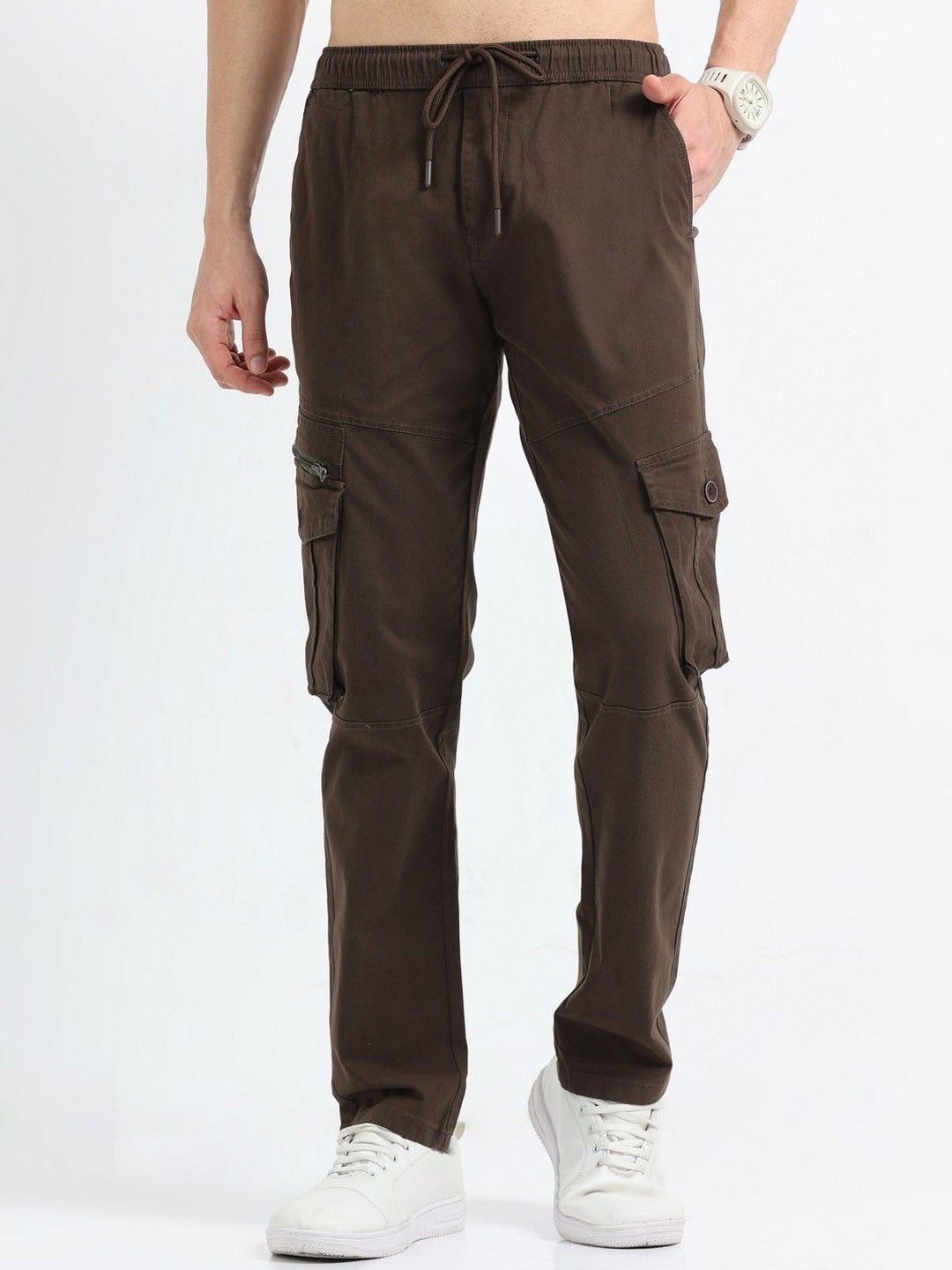 

NEVER NEUD Men Relaxed Zipper Utility Cargos Trousers, Brown
