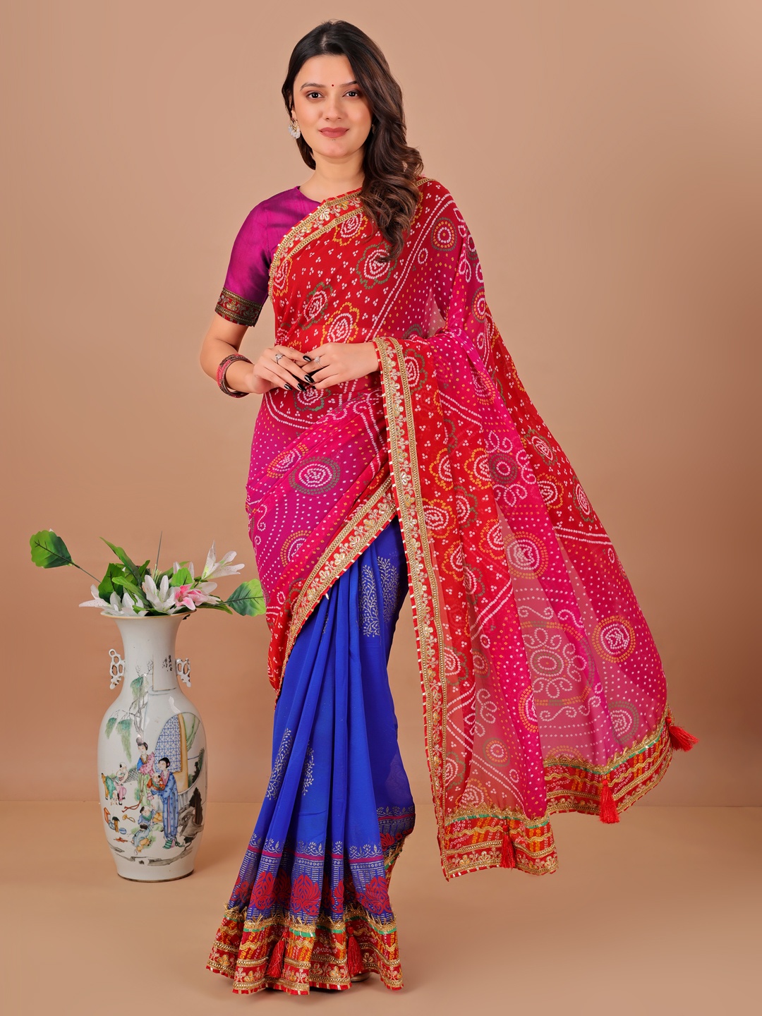 

Panzora Bandhani Embroidered Gotta Patti Work Saree, Blue