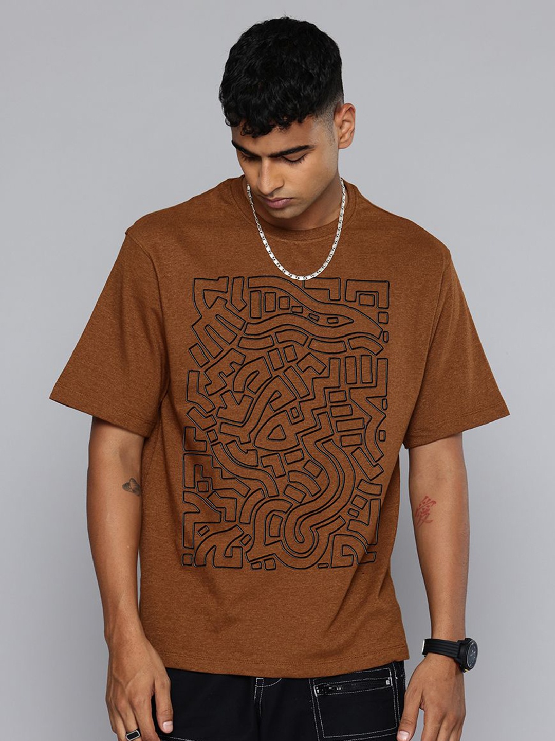 

Moda Rapido Men Abstract Printed Round Neck Cotton Relaxed Fit T-shirt, Brown
