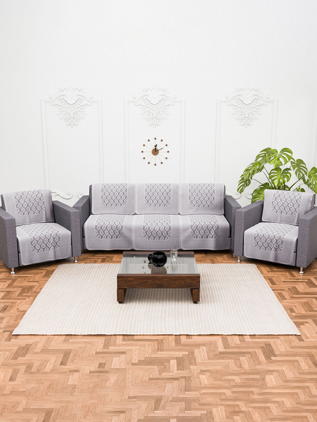 

Kuber Industries Grey 10 Pieces Self Design Cotton 5 Seater Sofa Covers
