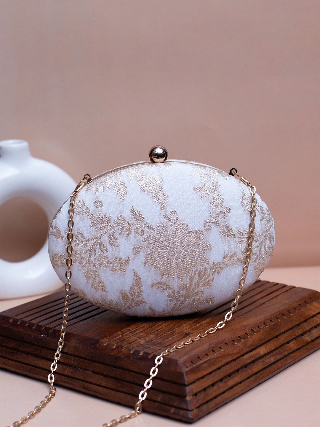 

ARTKLIM Floral Self Design Brocade Oval Box Clutch, White