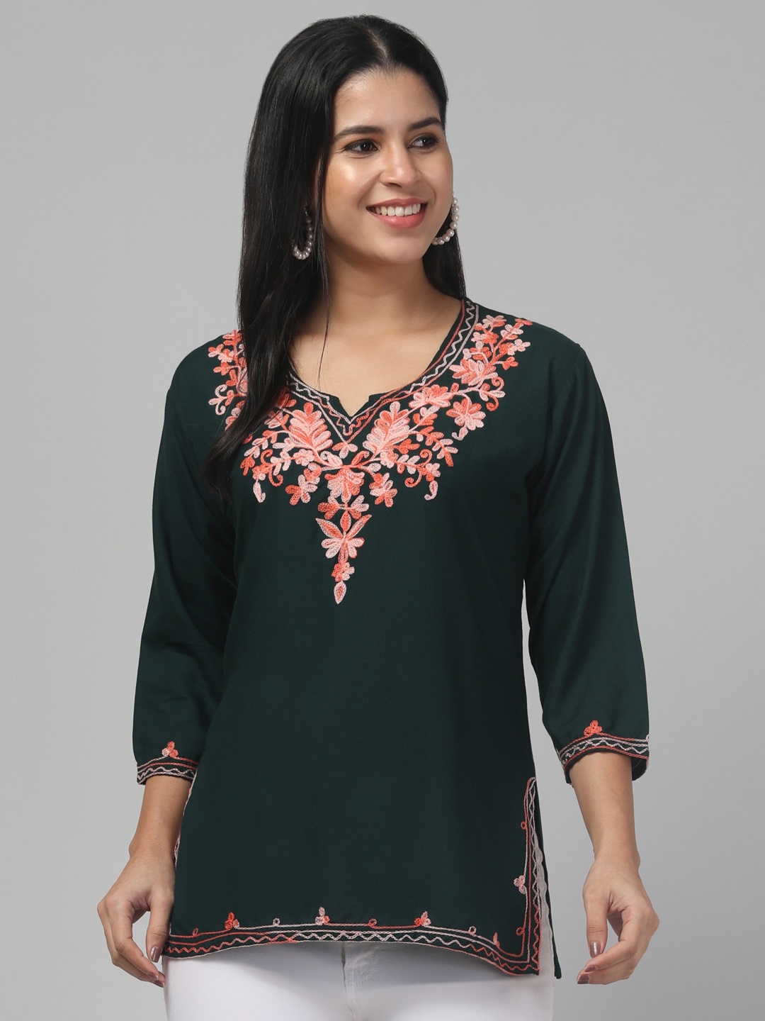 

Trend Level Floral Embroidered Kurti, Green