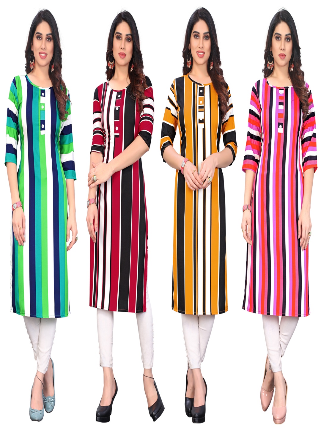 

KETAKI FASHION Selection Of 4 Striped Round Neck Straight Kurtas, Green