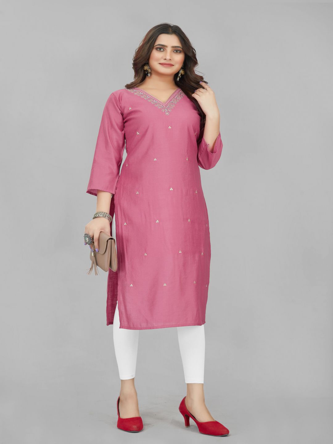 

ASTEYAM Floral Embroidered V-Neck Straight Kurta, Pink