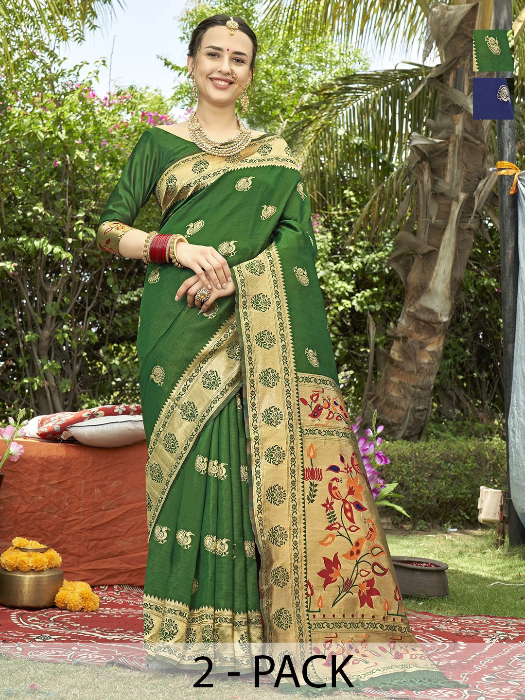 

Anouk Rustic Pack of 2 Woven Design Zari Paithani Saree, Green