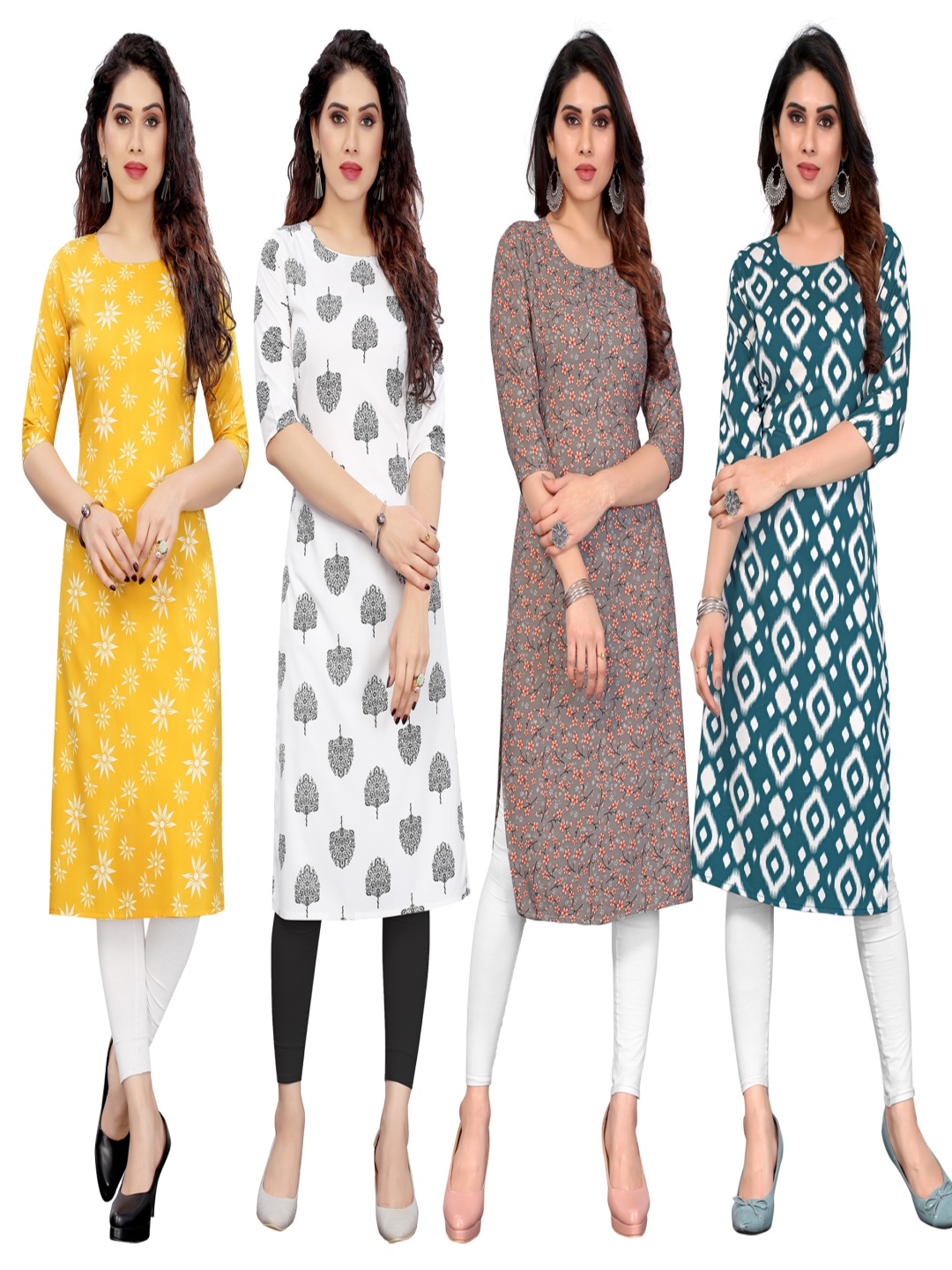 

KETAKI FASHION Selection Of 4 Floral Printed Round Neck Straight Kurtas, Brown