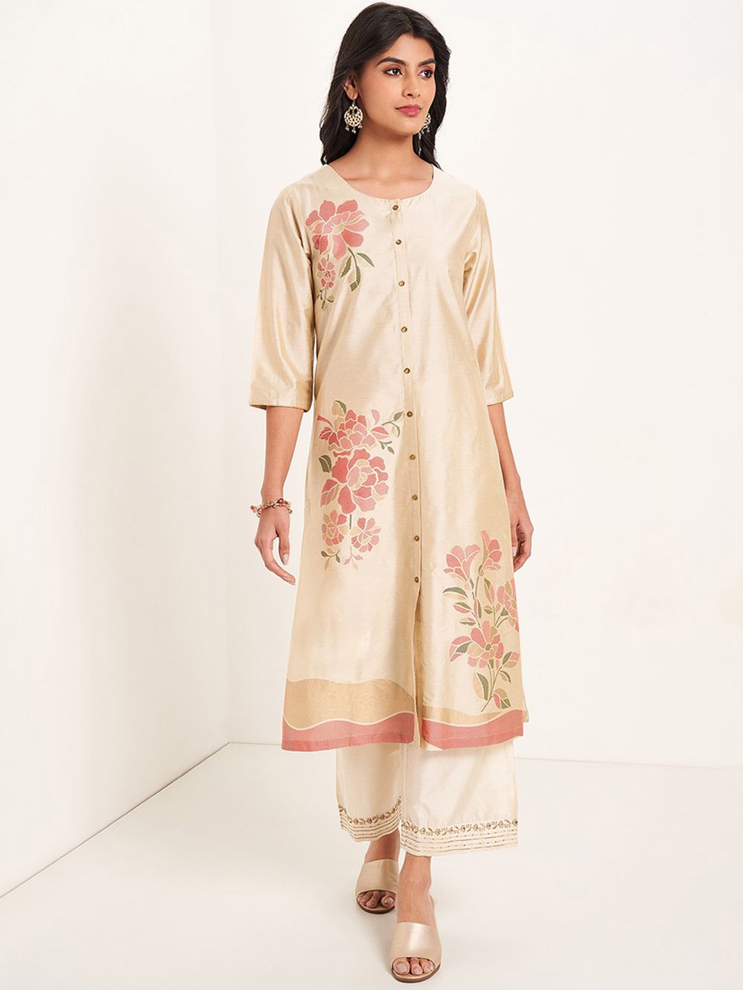 

RANGMANCH BY PANTALOONS Floral Printed Round Neck A-Line Kurta, Cream