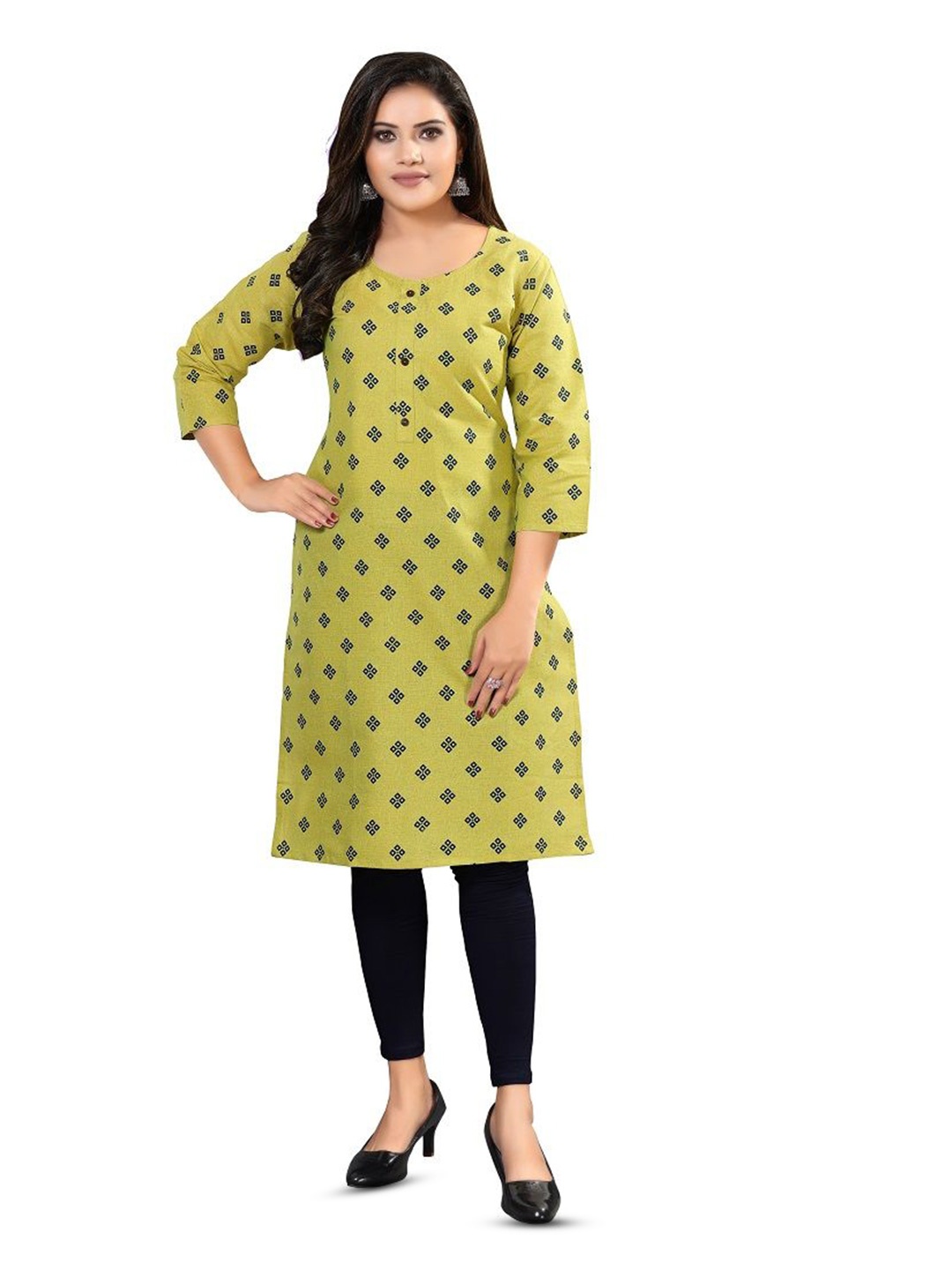 

DREAM & DZIRE Bandhani Printed Round Neck Pure Cotton Straight Kurta, Lime green