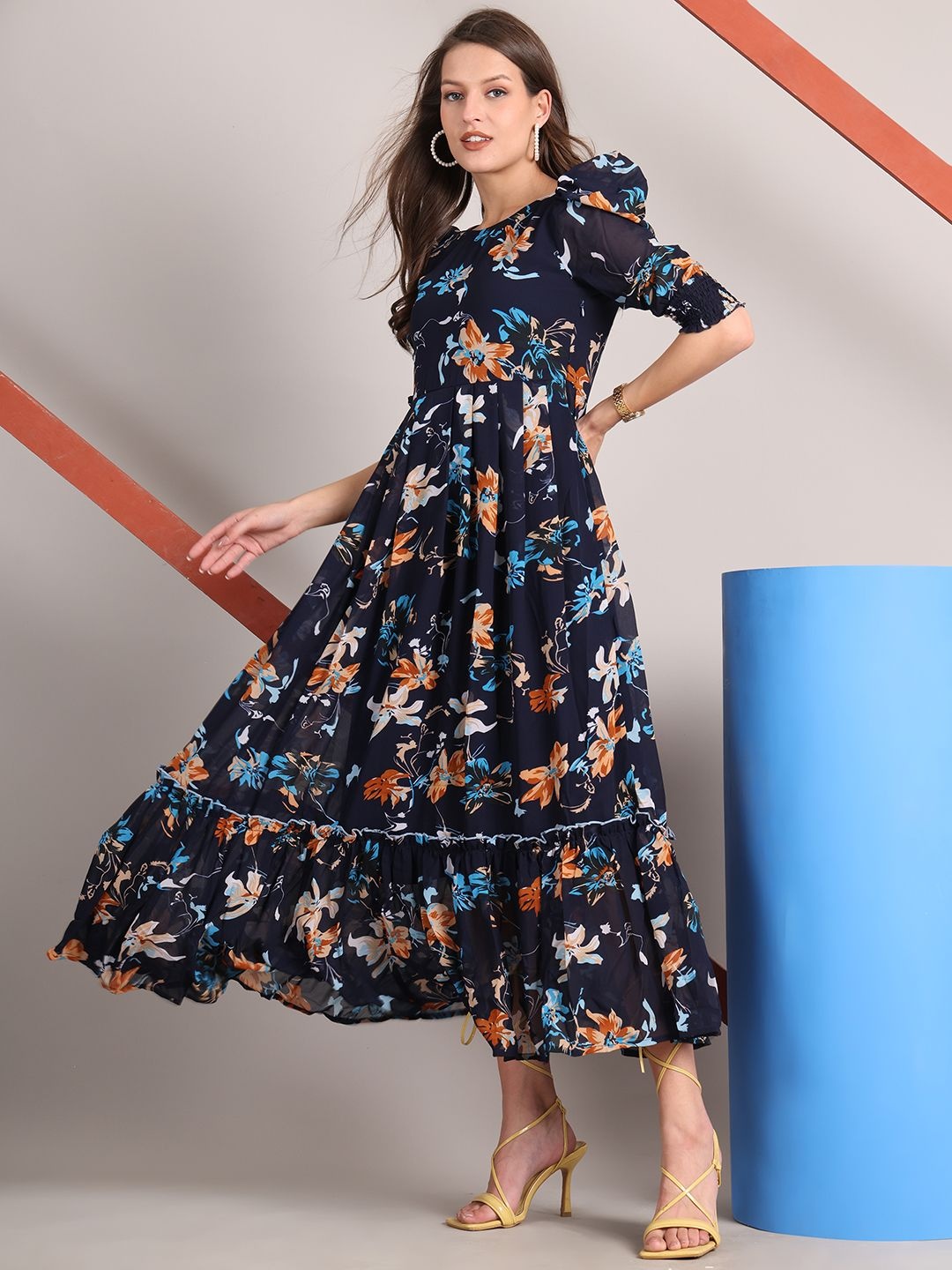 

La Zoire Women Floral Printed Fit & Flare Maxi Dress, Navy blue