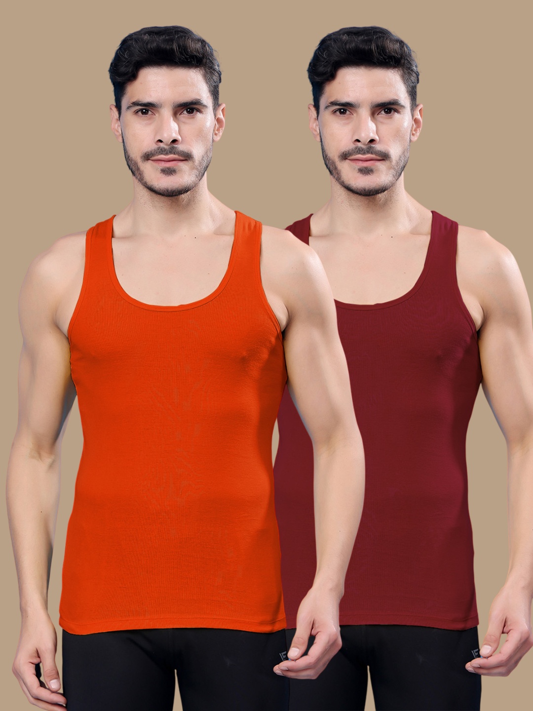 

Friskers Pack Of 2 Cotton Ribbed Gym Vest 24012025R-08-14, Orange