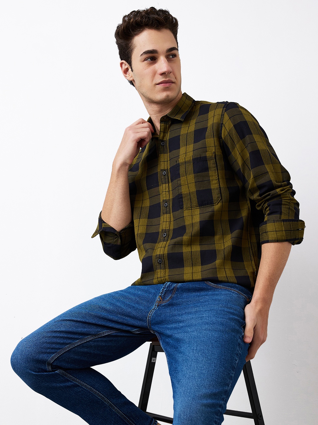 

SPYKAR Men Spread Collar Tartan Checked Cotton Casual Shirt, Green