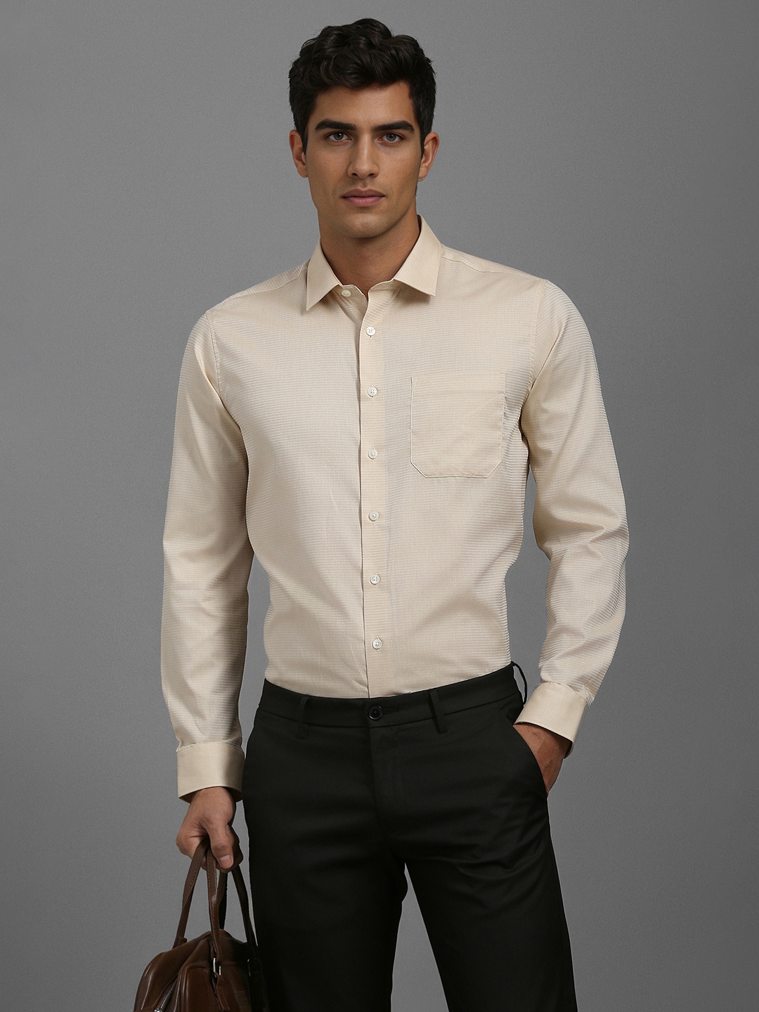 

Louis Philippe Men Slim Fit Spread Collar Textured Cotton Formal Shirt, Beige