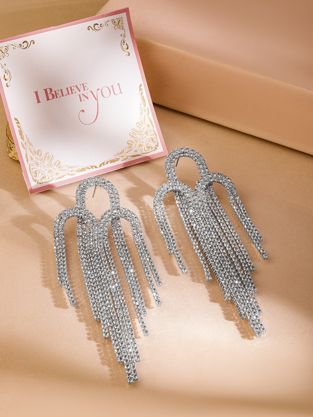 

Rubans Valentine's Rhodium-Plated Brass Crystal Studded Contemporary Shaped Drop Earrings, Silver